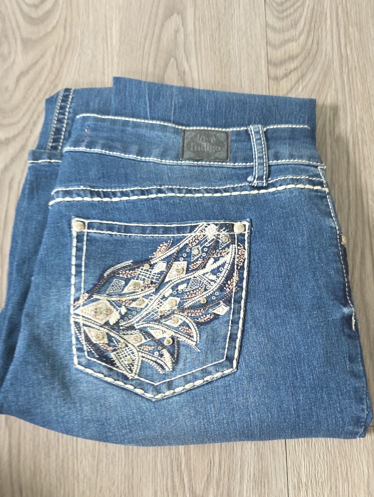 119  Love Indigo Blue Denim Bootcut Jeans With Embroidered Pocket
